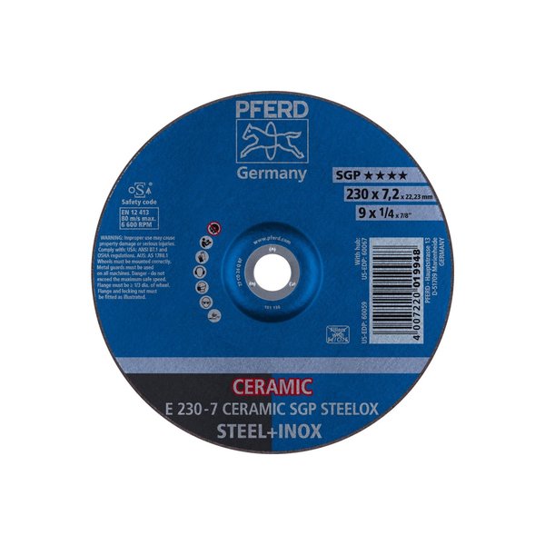 Pferd 9" x 1/4 Grinding Wheel, 7/8" A.H. - CERAMIC SGP STEELOX - Type 27 60059